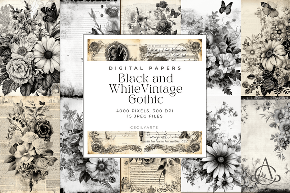 Black White Flowers Vintage Junk Journal: A Digital Paper Collection