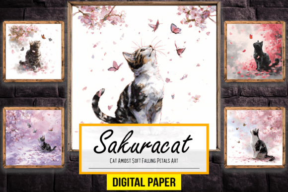 Cat Amidst Soft Falling Petals Artwork: A Gentle Touch for Your Creative Projects