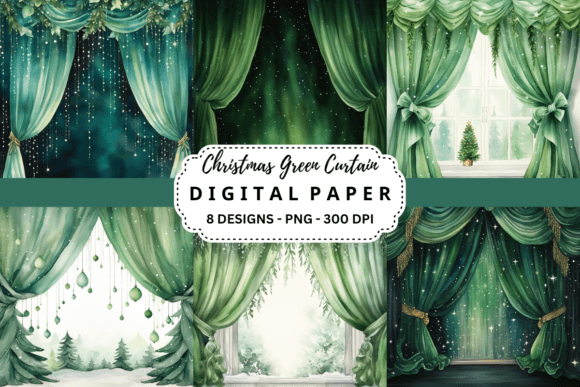 Christmas Green Curtain Digital Paper for Festive Projects
