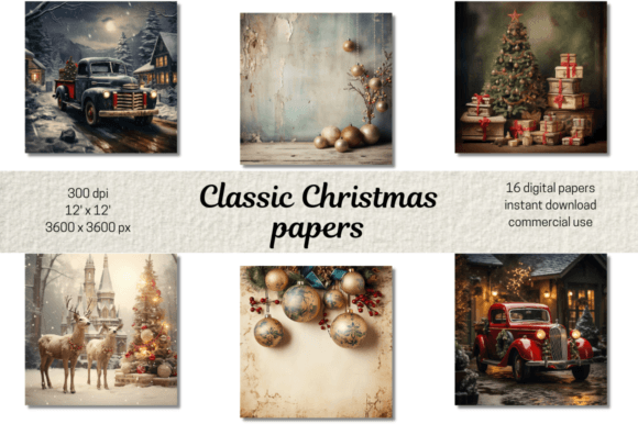 Classic Christmas Digital Papers Bundle: 16 Festive Designs