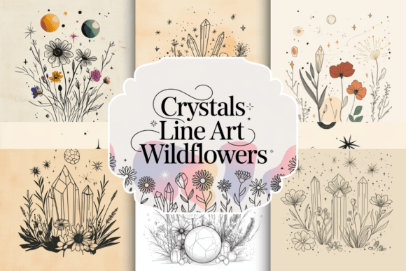 Mystical Botanicals: Integrating Crystals Line Art Wildflowers into Your Work